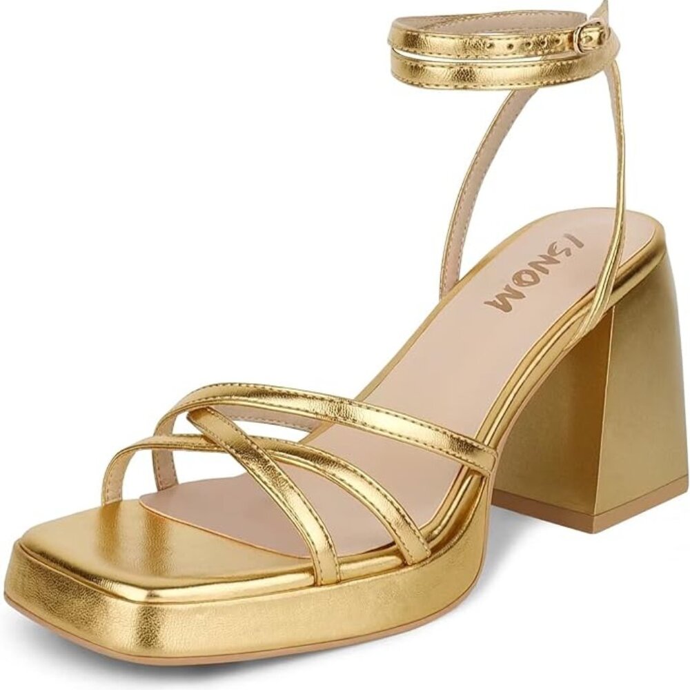 Gold Block Platform Heel Sandals with Lace-Up Ankle Strap – Size 10 – NWT